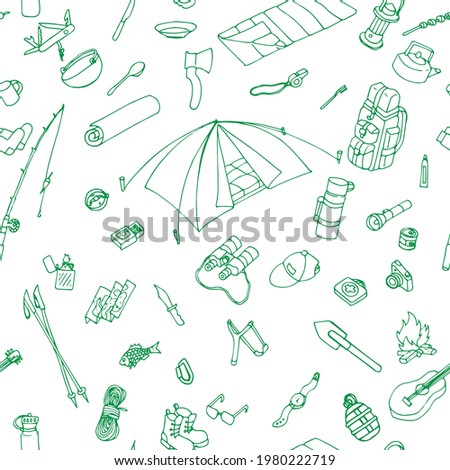 seamless pattern of camping and hiking equipment in green doodle, outdoors adventure, recreation tourism. Isolated items needed in the journey