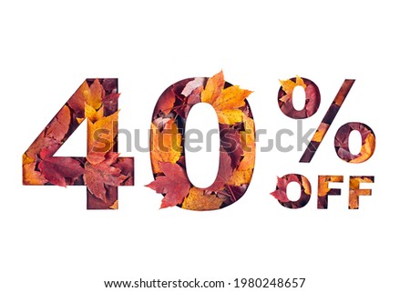 Paper cut 40 percent off text filled with texture of yellow and red autumn fall maple leaves isolated on white background. Autumn flyer, banner or poster design template. Fall shopping concept.