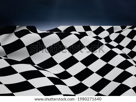 Black and white race flag floating in the air against dark background concept. digitally generated image