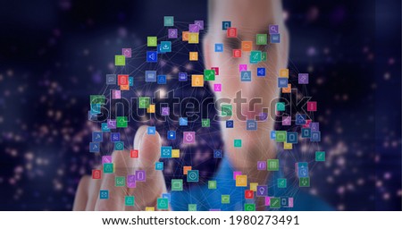 Social media icons network of connections over a woman, technology and corporate concepts. digitally generated image