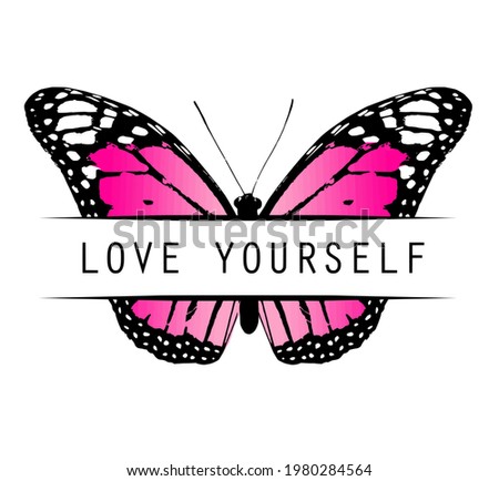 Pink Butterfly with title "Love yourself", isolated on white