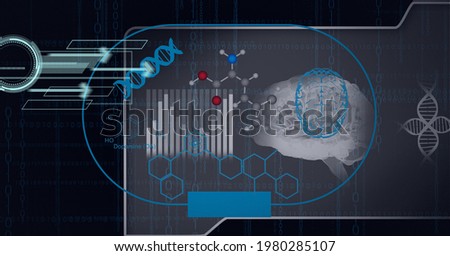 Composition of dna strand and scientific digital icons on screen. global science and digital interface concept digitally generated image.