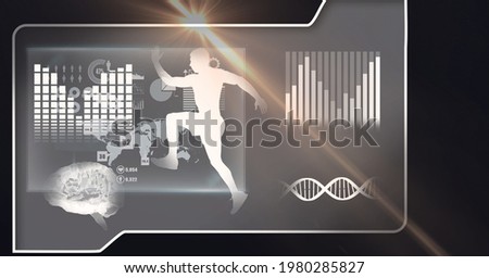 Composition of man running, dna strand and scientific data processing on screen. global science, technology and digital interface concept digitally generated image.