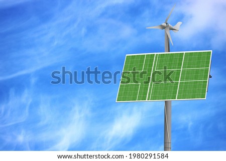 Solar panels against a blue sky with a picture of the flag of Ladonia