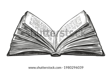Open book isolated on white background. Hand draw vector vintage engraving illustration Royalty-Free Stock Photo #1980296039