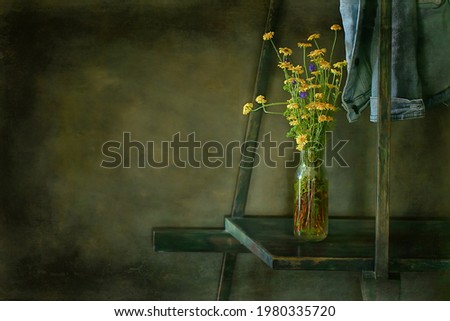 flowers vase still life, seasonal summer inside vintage style, yellow flowers wild