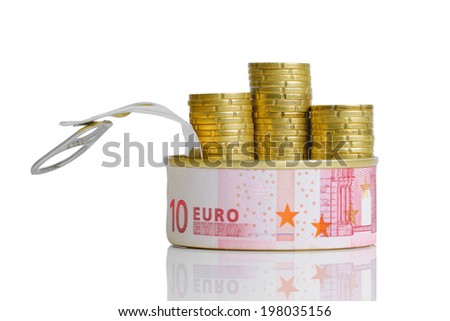 Euro coins in tin can, isolated on white background