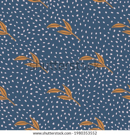 Orange autumn leaves branches silhouettes seamless pattern. Navy blue dotted background. Perfect for fabric design, textile print, wrapping, cover. Vector illustration.