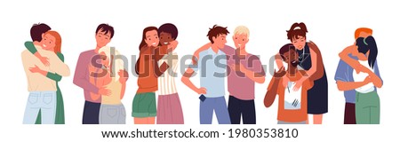 Happy people friends hug cuddle set, diverse woman man standing together, couple hugging Royalty-Free Stock Photo #1980353810