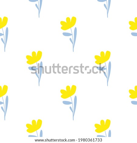 Isolated simple flowers yellow silhouettes seamless pattern. Doodle botanic nature backdrop. White background. Graphic design for wrapping paper and fabric textures. Vector Illustration.
