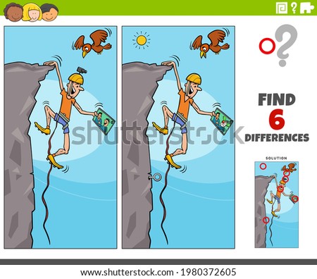 Cartoon illustration of finding the differences between pictures educational game with climber character watching broadcast on tablet