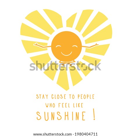 Sun character doing yoga in the heart. Vector logo for healthy life. Positive slogans.  Art design for Valentine's Day greetings and card, web, banner, yoga, meditation, poster, flyer, brochure, print