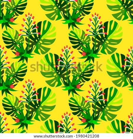Vector - tropic plants seamless pattern, monstera leaves, cactus and philodendron plants.