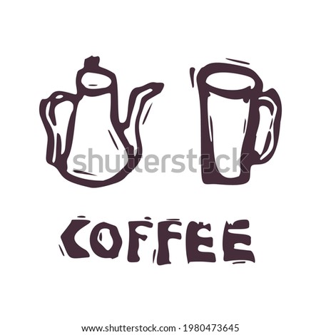 Hand carved bold block print coffee text icon clip art. Folk illustration design element. Modern boho decorative linocut. Ethnic muted natural tones. Isolated rustic vector motif. 