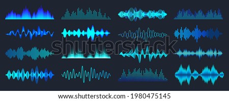 Blue colorful sound waves collection. Analog and digital audio signal. Music equalizer. Interference voice recording. High frequency radio wave. Vector illustration. Royalty-Free Stock Photo #1980475145
