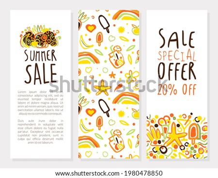 Summer Sale Special Offer Vertical Banner Template, Poster, Banner, Invitation, Flyer Design with Summer Symbols Pattern and Space for Text Vector Illustration