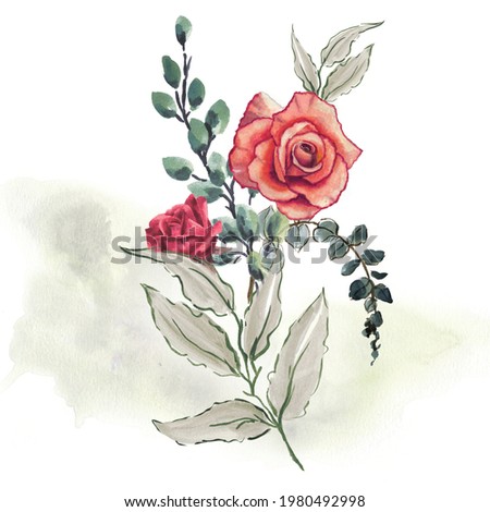 Watercolor Floral Illustration. Abstract Branch of Flowers. Botanic Composition for Greeting Card or Invitation. Red Rose.