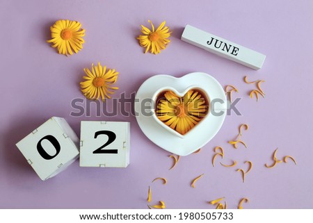 Calendar for June 2: the name of the month of June in English, cubes with the numbers 0 and 2, a cup of tea with a chamomile in it, yellow chamomile flowers with petals on a pastel background, top vie