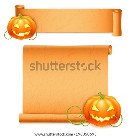 Halloween banners. Two old paper scrolls with halloween pumpkins.