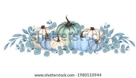 Watercolor blue pumpkin composition, floral pumpkins, Halloween clip art, autumn design elements, fall arrangement, Harvest clip art isolated on white background.