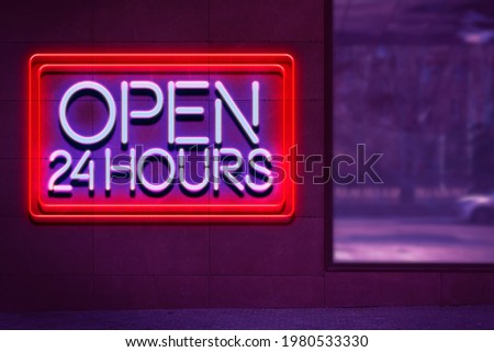 we are open 24 7 hours neon sign on the wall, night life illuminated glow