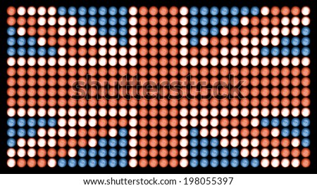flag of the united kingdom, made of led bulbs, each taken at short exposures, to make the detail, different to appear for each color in the lamps, manually placed on a grid, isolated on black