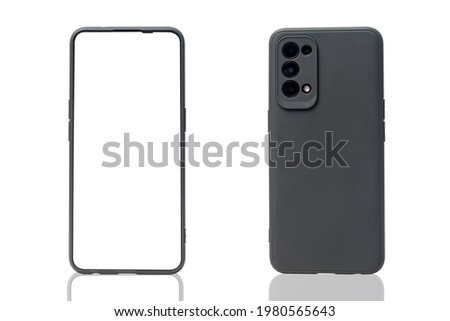 Mobile phone concept, front view and back side with isolate on background. Smart phone with camera, power and volume buttons.  Royalty-Free Stock Photo #1980565643
