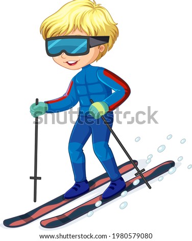 Cartoon character of a boy riding ski on white background illustration