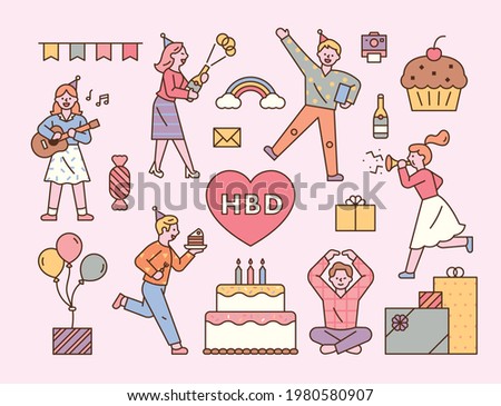 Set of icons with friends who are celebrating a birthday. flat design style minimal vector illustration.