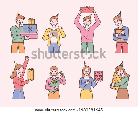 People are happy with gift boxes.  flat design style minimal vector illustration.