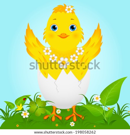 Illustration of a cute happy little yellow Easter chick