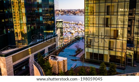 View of the waterfront and modern buildings in Harbor East from a parking garage, Baltimore, Maryland.