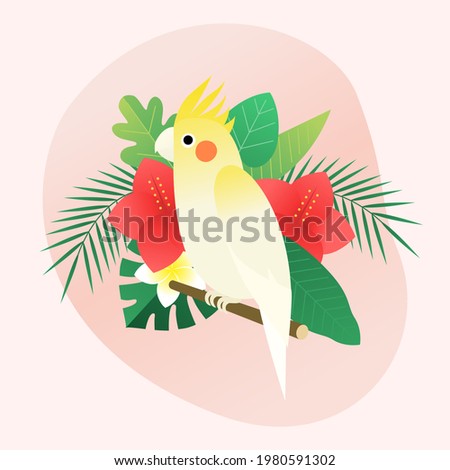 Vector illustration of a parrot and tropical plants.