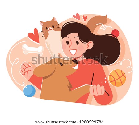A woman having fun playing time with her cat and dog. Daily life concept vector illustration with companion animals.