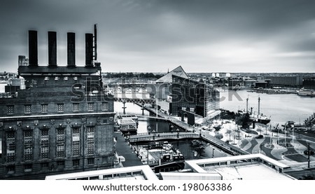 View of the Power Plant and the Inner Harbor from a parking garage in Baltimore, Maryland.