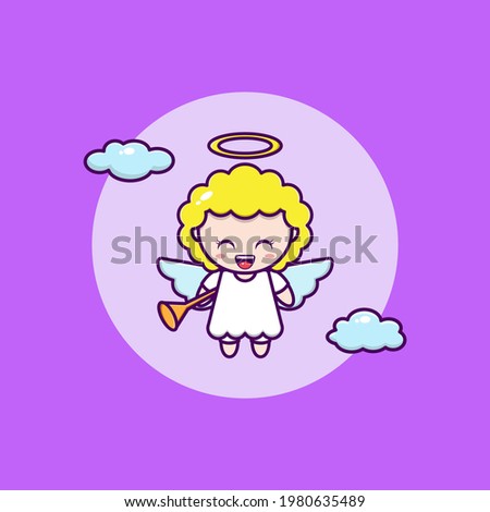 cartoon illustration of cute angel flying with trumpet