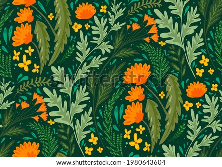 Seamless flat natural pattern with herbs and flowers of the fields. Wallpaper with dandelions, wormwood, fennel and buttercups. Fabric with plants. Vector background with steppe flora Royalty-Free Stock Photo #1980643604