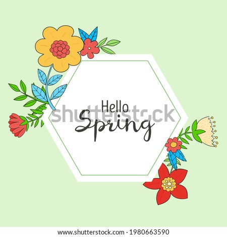 Spring floral frame. Flower design template. Romantic gentle wedding celebration banner. Plant decorative botanical border. Vegetation decor. Elegant summer floral wreath. Vector illustration.