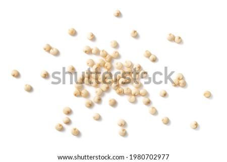 A small pile of raw white quinoa isolated on white background, top view