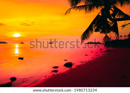 Beautiful sunset tropical beach with palm tree and pink sky for travel and vacation