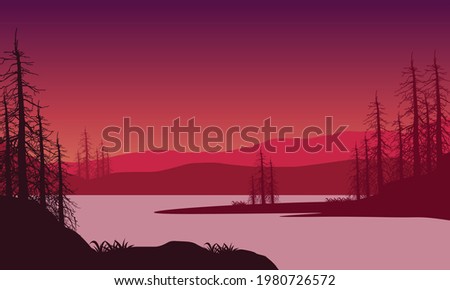 It is really beautiful to see the mountains from the riverbank at twilight. Vector illustration of a city