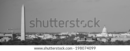 Washington DC skyline with Washington Monument, United States Capitol building and Potomac River - Black and White 
