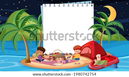 Kids on summer vacation at the beach night scene with an empty wooden banner template
 illustration