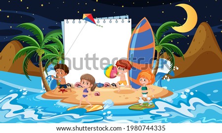 Kids on vacation at the beach night scene with an empty banner template
 illustration