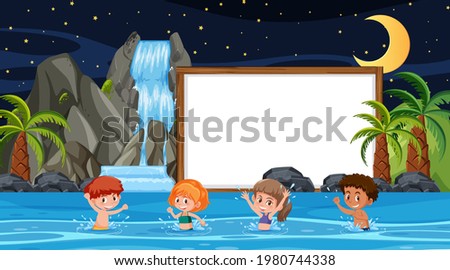 Kids on vacation at the beach night scene with an empty banner template
 illustration