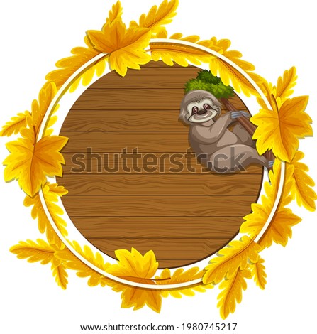 Round autumn leaves banner template with a sloth cartoon character illustration