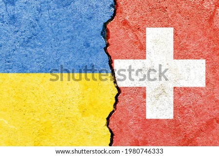Grunge Ukraine vs Switzerland national flags pattern isolated on broken cracked wall background, abstract Ukraine Swiss politics relationship friendship divided conflicts concept texture wallpaper