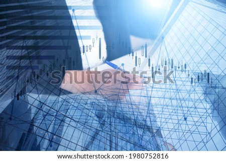 financial hedging and money economic transactions in the stock or futures market concept, Double exposure of woman trader broker in a business office