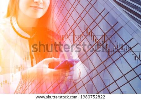 manager with finance, financial graphs and trading icons in modern city with skyscrapers,business woman in office concept