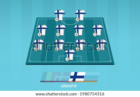 Football field with Finland team lineup for European competition. Soccer players on half football field.